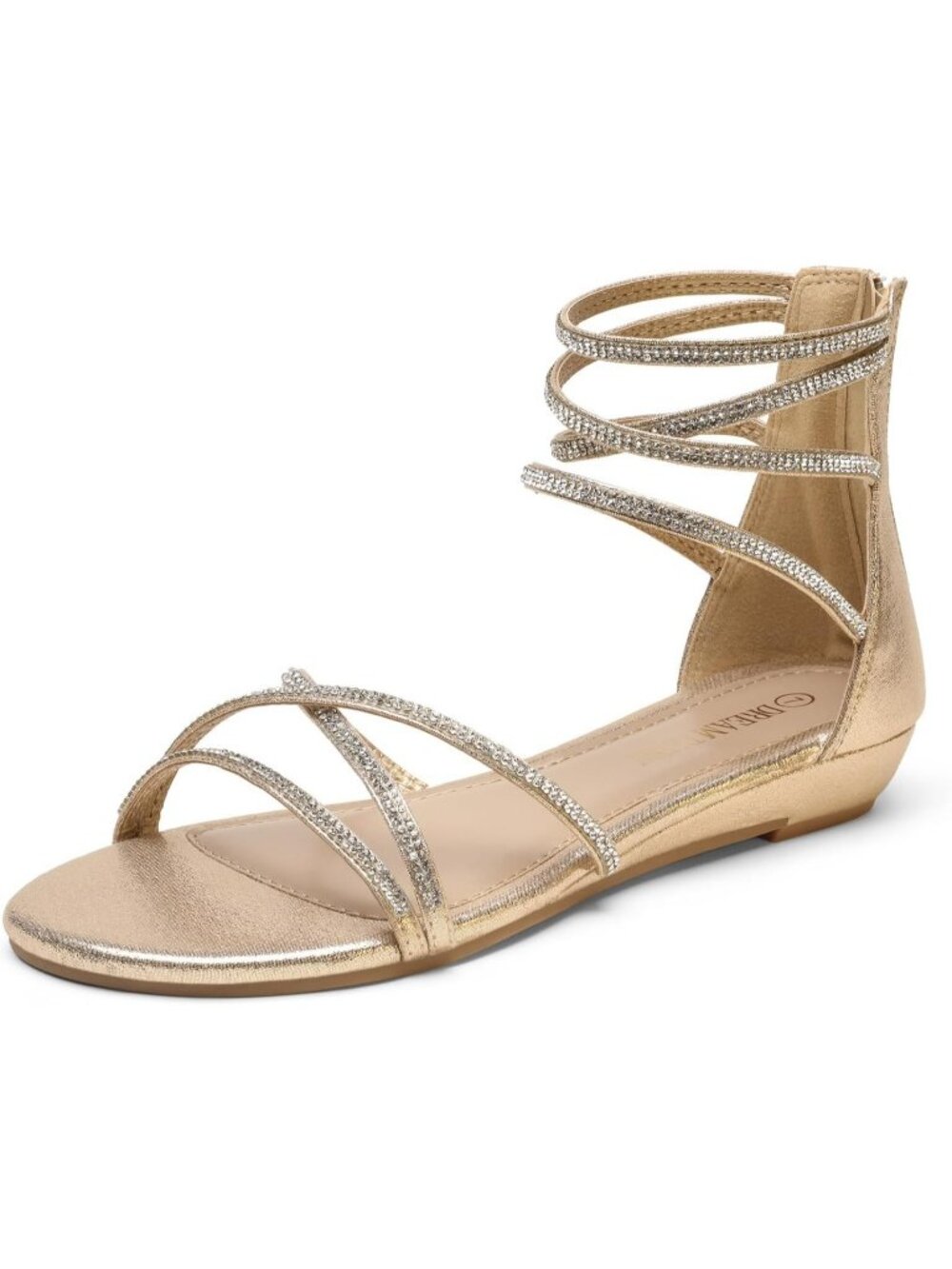 Women's Gold Rhinestones Gladiator Flat Sandals Ankle Strap Comfortable Zip
